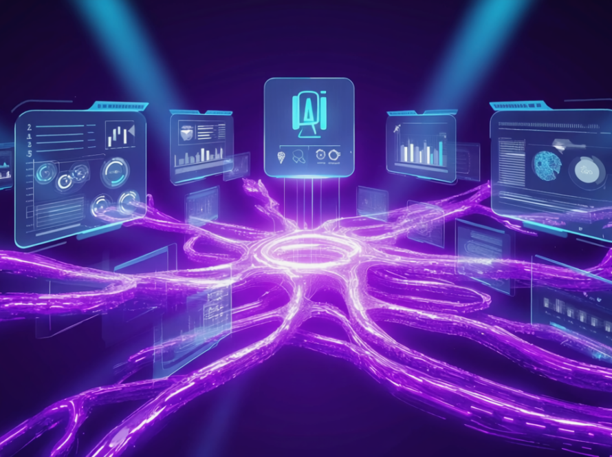 bios-UNIVERSE KI-Plattform vernetzt Business-Systeme über holographische Dashboards mit lila Energieströmen