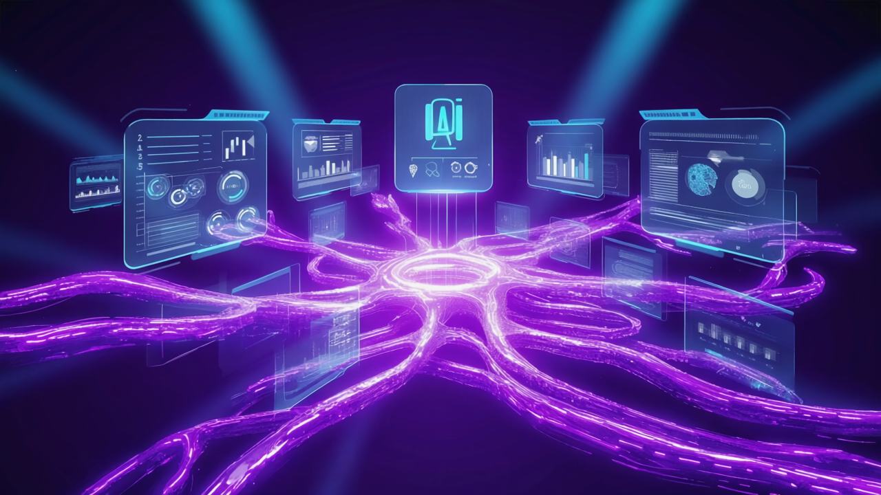 bios-UNIVERSE KI-Plattform vernetzt Business-Systeme über holographische Dashboards mit lila Energieströmen