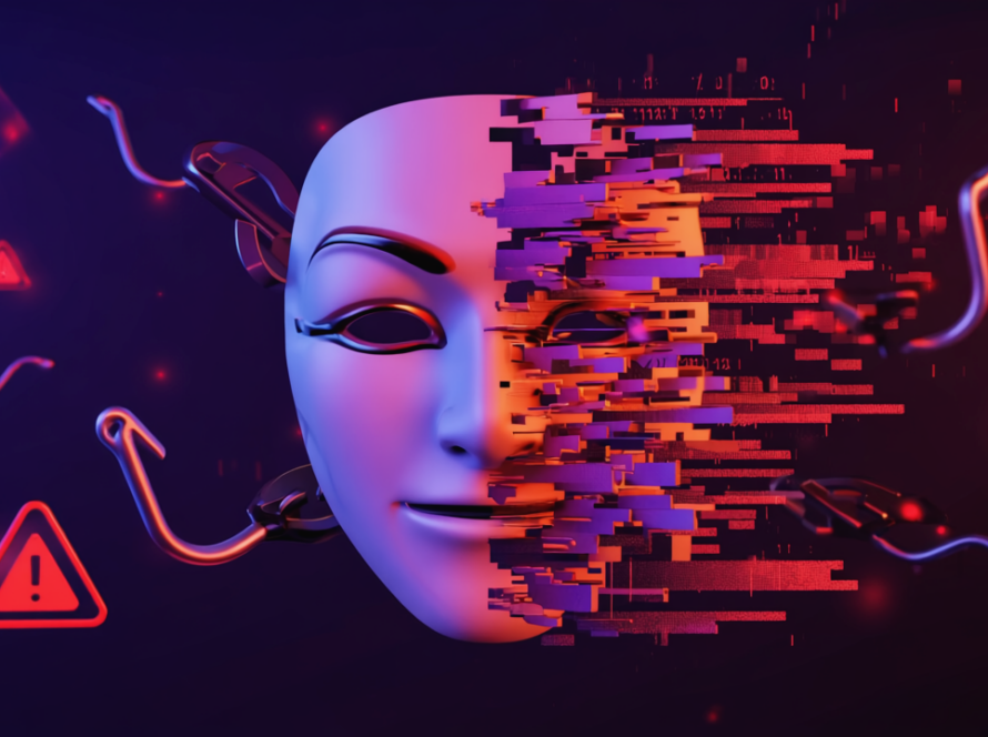 Digitale Deepfake-Maske zerfällt in Glitch-Pixel mit Phishing-Haken – Cybersicherheit Bedrohung