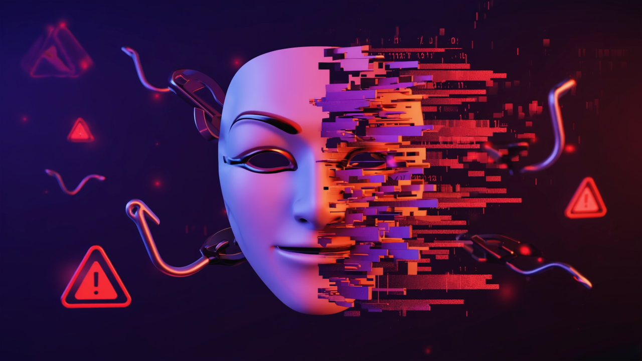 Digitale Deepfake-Maske zerfällt in Glitch-Pixel mit Phishing-Haken – Cybersicherheit Bedrohung