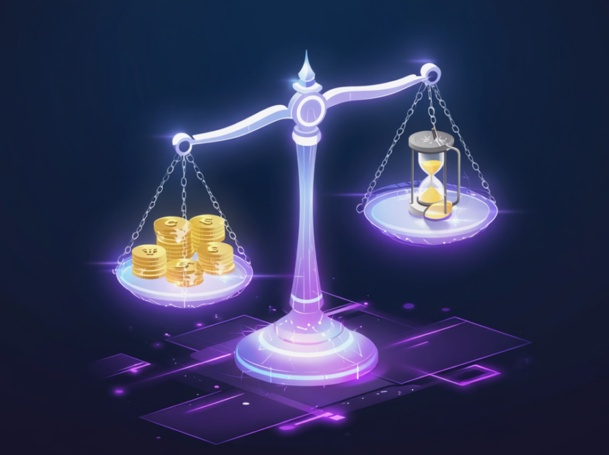 Futuristische Waage die KI-Kosten gegen Zeitersparnis aufwiegt – ROI-Visualisierung für Unternehmen