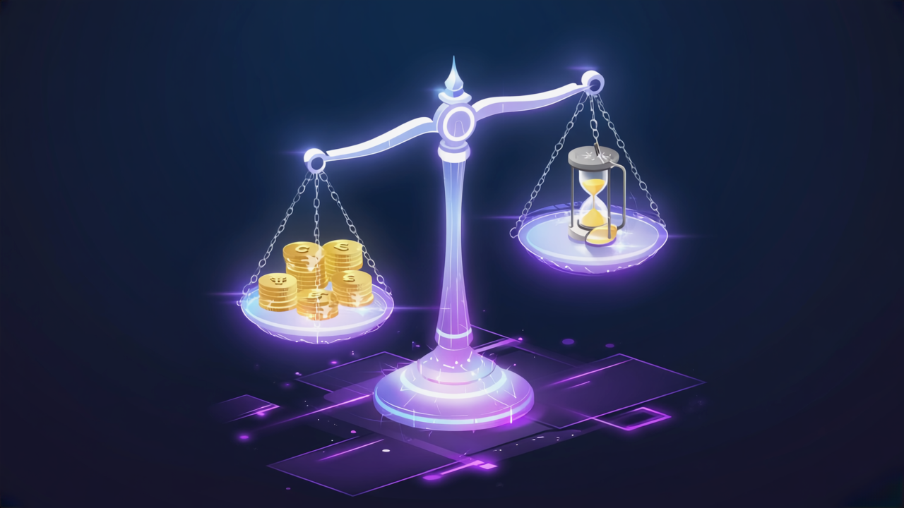 Futuristische Waage die KI-Kosten gegen Zeitersparnis aufwiegt – ROI-Visualisierung für Unternehmen