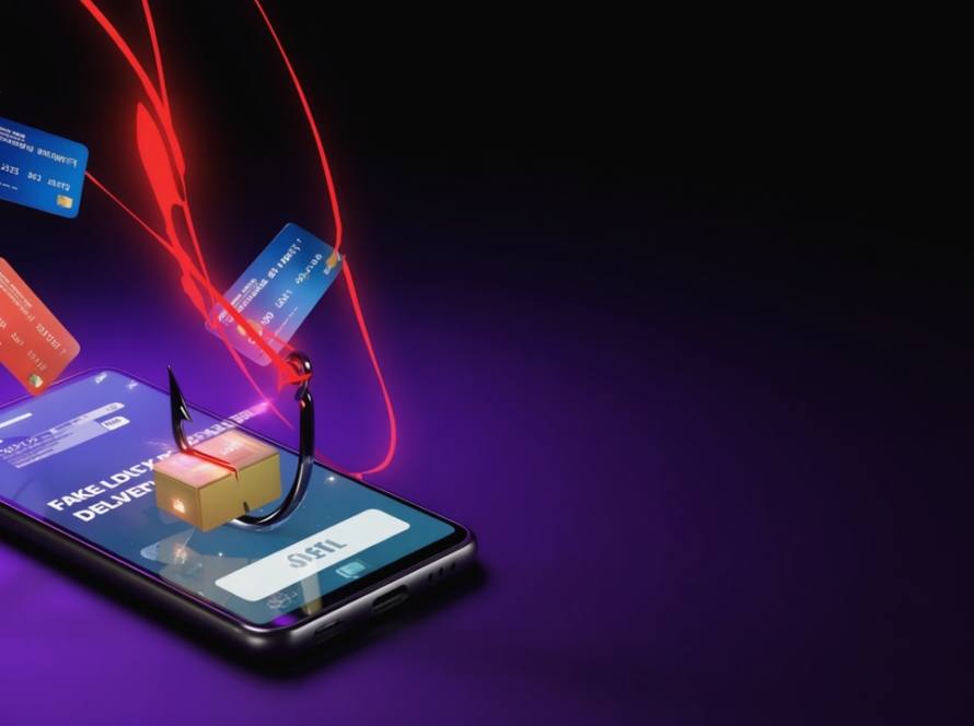 Smartphone mit Fake-Paket-SMS und Phishing-Haken der Kreditkarten anzieht – Kings of Scam Visualisierung