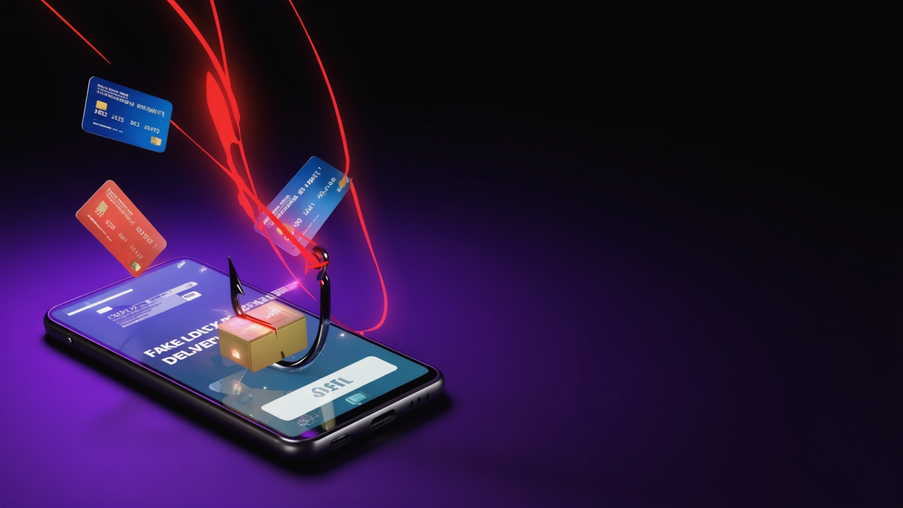 Smartphone mit Fake-Paket-SMS und Phishing-Haken der Kreditkarten anzieht – Kings of Scam Visualisierung