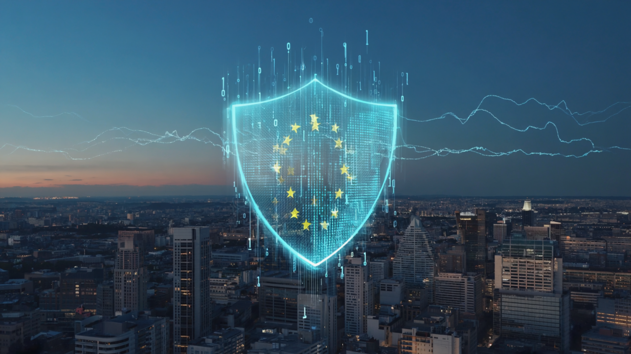 Digitales EU-Schutzschild über einer europäischen Stadt – Datensouveränität und DSGVO für KI-Plattformen
