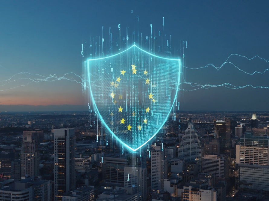 Digitales EU-Schutzschild über einer europäischen Stadt – Datensouveränität und DSGVO für KI-Plattformen
