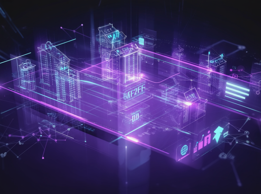Holografisches KI-Dashboard fuer die Hausverwaltung Software DOMUS in Lila und Cyan
