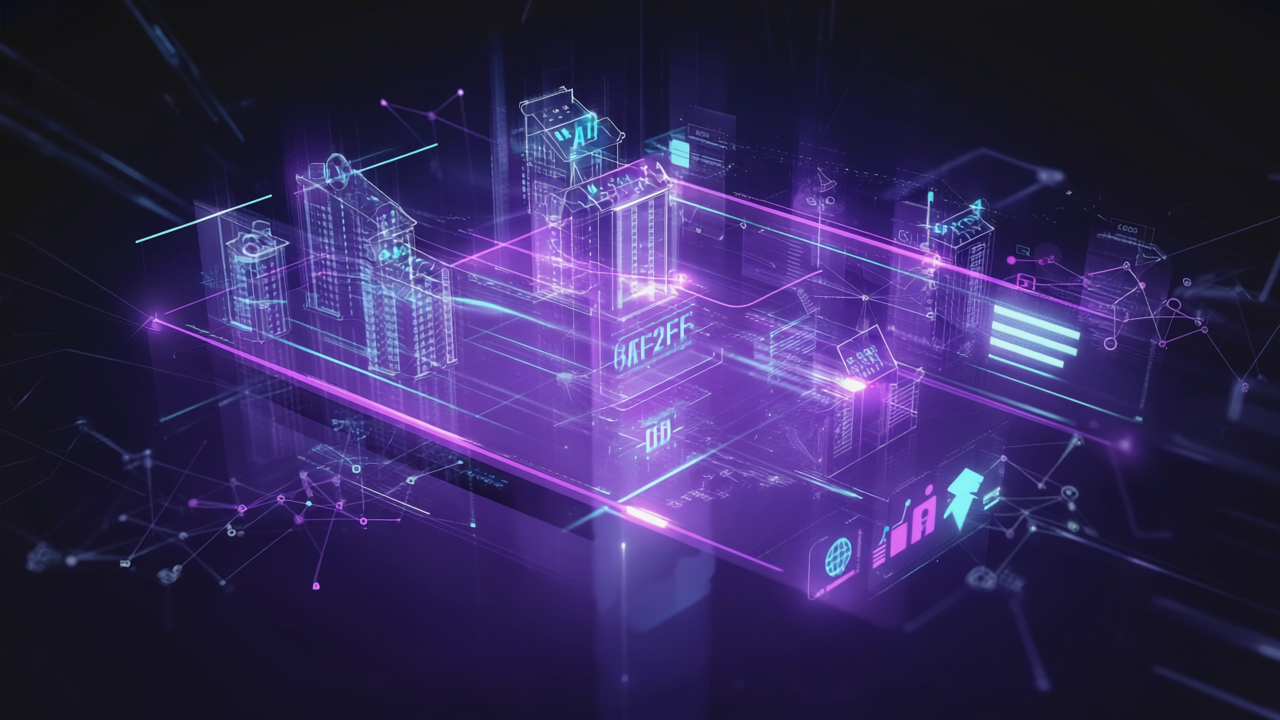 Holografisches KI-Dashboard fuer die Hausverwaltung Software DOMUS in Lila und Cyan