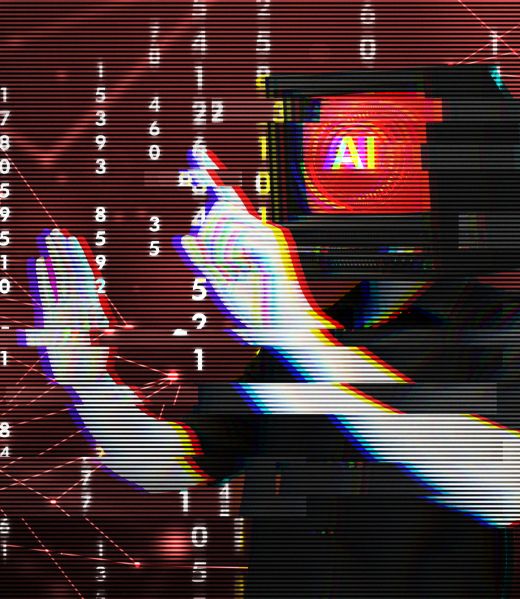 Glitching corrupted AI system hacked on red matrix background. Person with screen head symbolizing artificial intelligence rebel against human