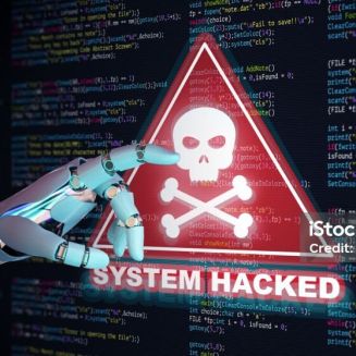 Ai robot hand Pointing Abstract Modern tech of Programming code screen with Warning alert of System hacked. Virus, Malware, Cyber attack, and Internet cyber security with Artificial Intelligence Concept.